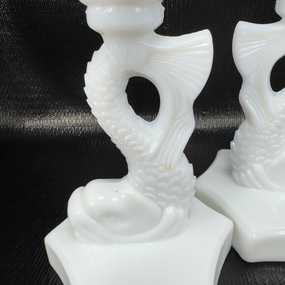 Westmoreland Dolphin Koi Fish Candlestick Pair Milk Glass Candle Holders Set 2 - Picture 7 of 10